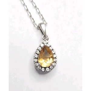 Vintage Pear Shaped 1/2 Carat Citrine Diamond Halo Pendant 925 Silver Necklace
